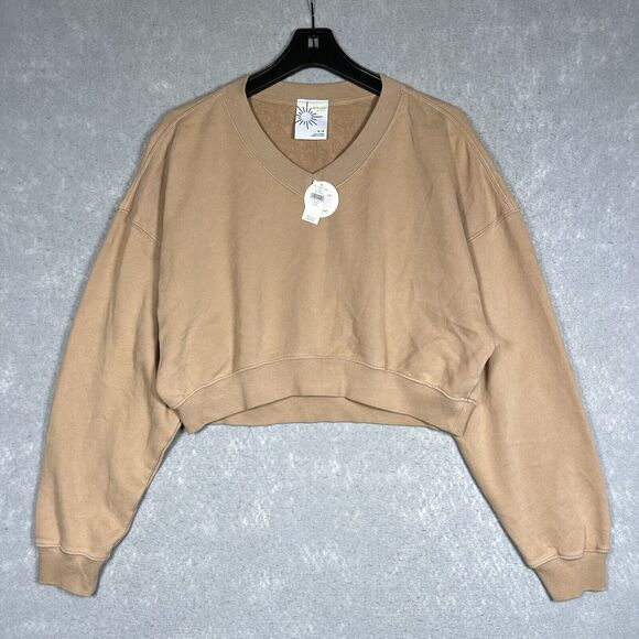 AERIE Sweater M Tan Camel Light Brown Wonder Textured V-Neck Sweater Oversized - Picture 1 of 13